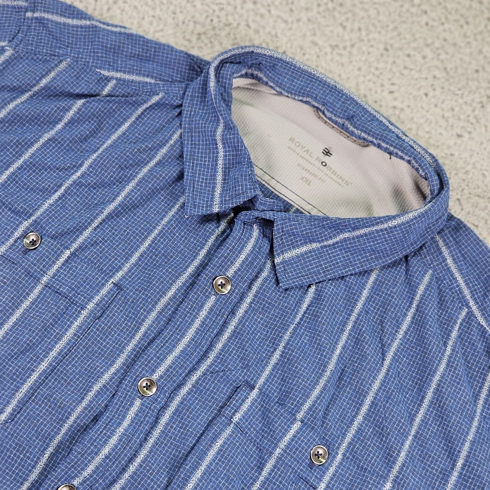 Royal Robbins Shirt Mens 2XL Blue White Striped Nylon‎ Outdoor Button Up Pockets
